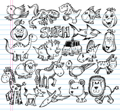 Notebook Doodle Sketch Animal Design Vector Elements Set
