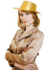 Fototapeta premium Business woman in a festive gold hat