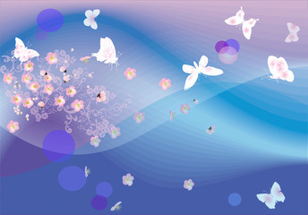 Fototapeta na wymiar blue and pink background with butterflies
