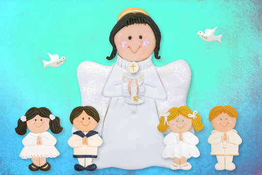 cheerful first communion card, angel with children
