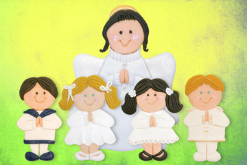 cheerful first communion card, funny children with angel