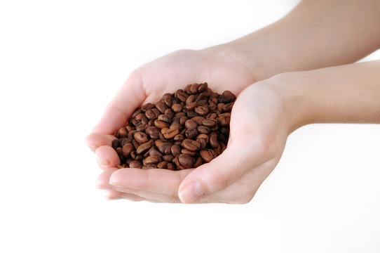Woman holding hands in coffee beans, isolated on white