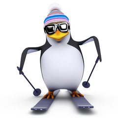 3d Penguin skis down the hill very fast