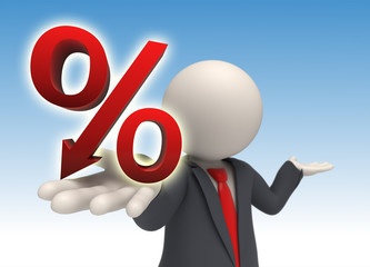 3d business man giving a big red percent sign