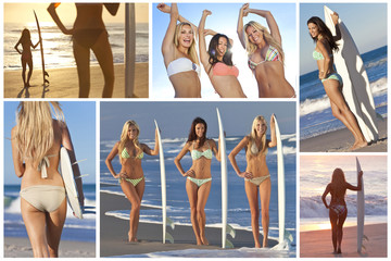 Montage of Beautiful Girls With surfboards on Sunset Beach