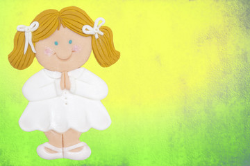 greeting invitation card, first communion, blonde girl