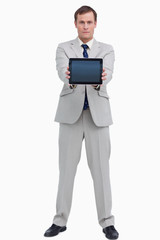Businessman showing screen of his tablet computer