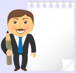 man with mustache, pencil and notepad with space for text