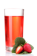 Fresh strawberry and juice glass isolated on white