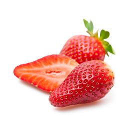 macro shot of cut half Strawberry over white