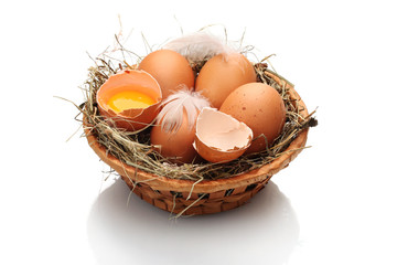 chicken eggs in a nest isolated on white