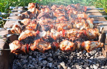 Shish kebab on the improvised oven made of brick