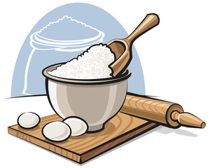 flour in bowl and eggs