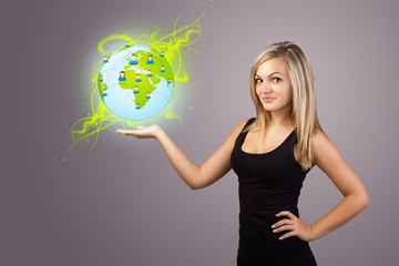 woman holding virtual eco sign