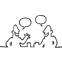 Black line art illustration of two people having a conversation.