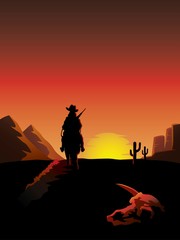 Fototapeta na wymiar Lonesome cowboy na koniu je¼dzi od do zachodu słońca.