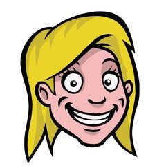 Happy, smiling cartoon girl with blonde hair.