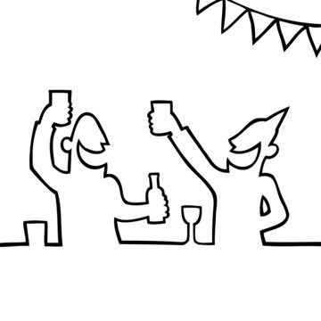 Black line art illustration of two people partying with drinks.