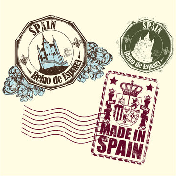 Rubber stamp of Spain with a medieval castle and the arms