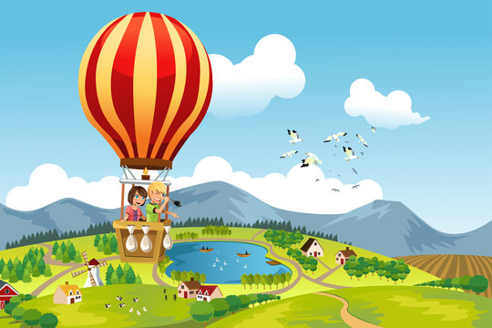Kids riding hot air balloon