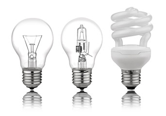 three kinds of light bulbs with Reflection Isolated on White Bac