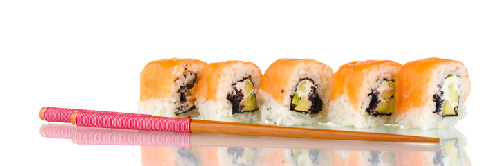 Tasty rolls in line with chopsticks isolated on white