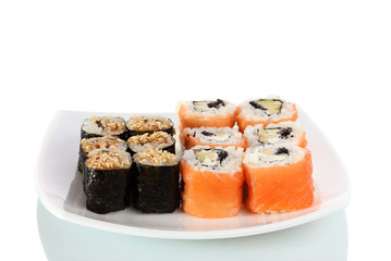Tasty rolls served on white plate isolated on white