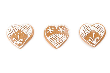 Gingerbread hearts on white background