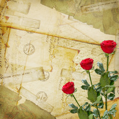 Vintage aged background, old Postcard, envelopes and rose