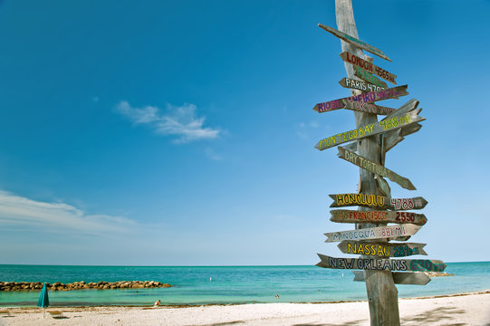 mileage milepost on beach in key west florida