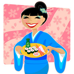 woman serving sushi