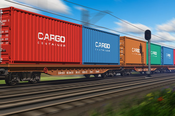 Freight train with cargo containers - obrazy, fototapety, plakaty
