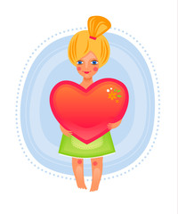 Cute girl holding a red heart - Valentine illustration