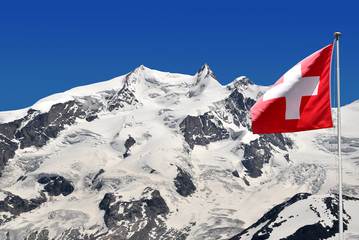 Beautiful mountain Monte Rosa with Swiss flag - Swiss Alps