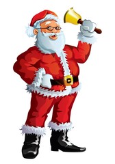 Santa Claus waving a bell and looking at the camera.