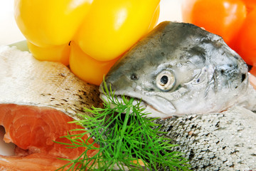 Vegetables and salmon.