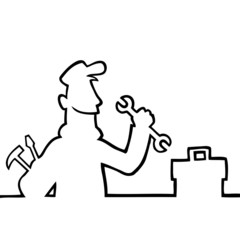 Black line art illustration of a repairman with tools.