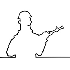 Black line art illustration of a soldier holding a rifle.