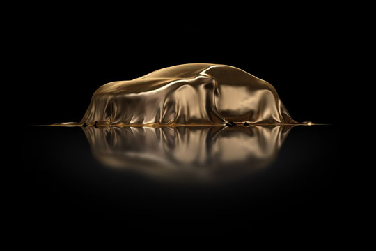 Neuwagen Pr&auml;sentation unter goldenem Stoff