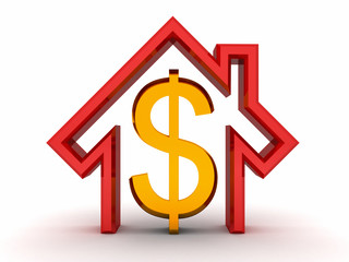 red house and golden money dollar symbol on white background