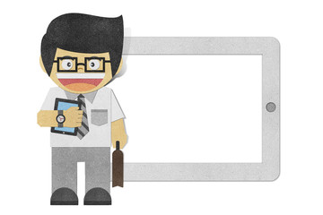 Paper boy ( Business man )  recycled papercraft  on white backgr