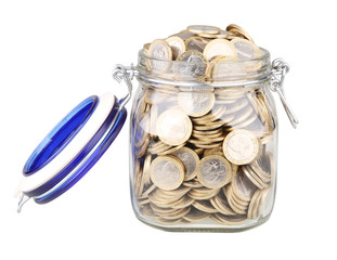 open jar full of coins isolated on white with clipping path