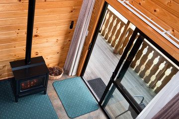 Interior of mountain wooden lodge apartment