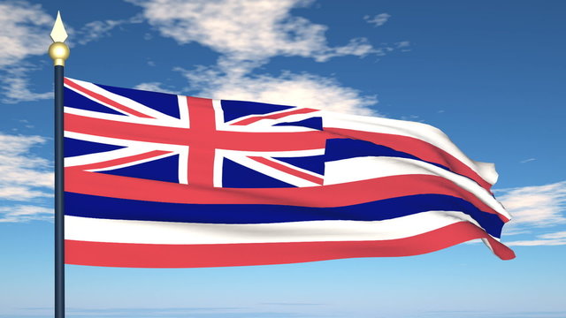 Flag Of Hawaii on the background of the sky and flying clouds.