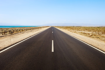 Straight road in desertic seascape. Andalusia.