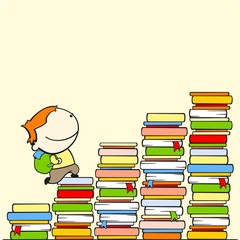 Boy running to the top of stairs of knowledge