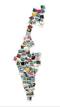 Map of Israel,collage made of travel photos with famous landmark