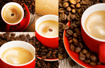 Caffè in tazza rossa e chicchi