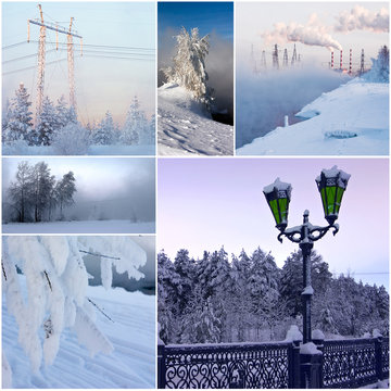 collage from 6 beautiful photos on winter theme