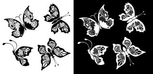 Set of silhouette butterflies on white and black
